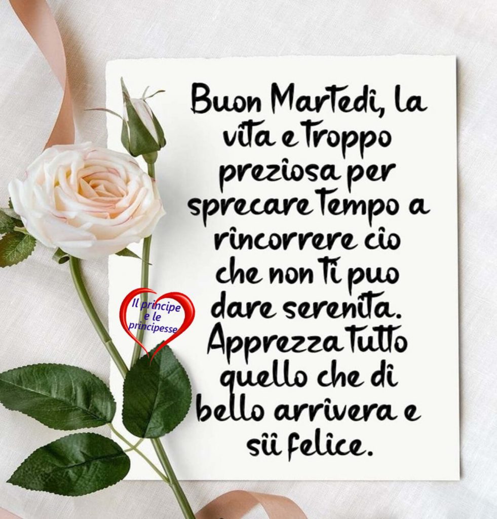 Buon martedì, la vita è troppo preziosa per sprecare tempo a rincorrere ciò che non ti può dare serenità. Apprezza tutto quello che di bello arriverà e sii felice.