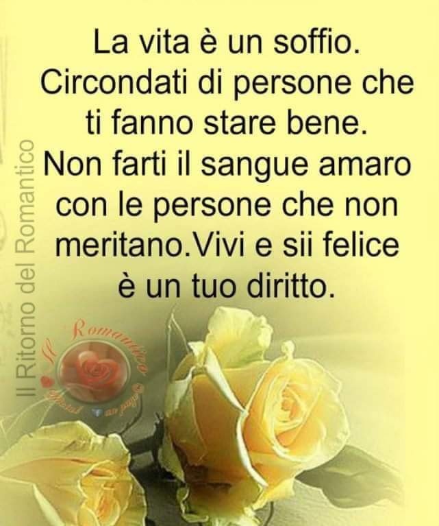 La vita è un soffio. Circondati di persone che ti fanno stare bene. Non farti il sangue amaro con le persone che non meritano. Vivi e sii felice, è un tuo diritto.