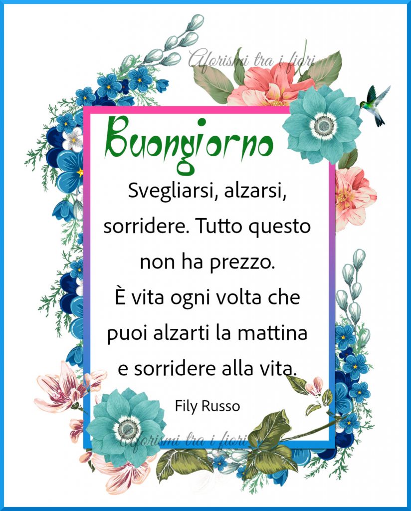 "Buongiorno. Svegliarsi, alzarsi, sorridere. Tutto questo non ha prezzo. È vita ogni volta che puoi alzarti la mattina e sorridere alla vita." - Fily Russo