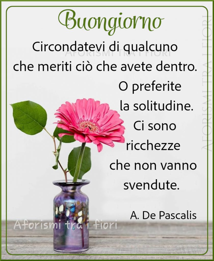 Buongiorno. Circondatevi di qualcuno che meriti ciò che avete dentro. O preferite la solitudine. Ci sono ricchezze che non vanno svendute. - A. De Pascalis